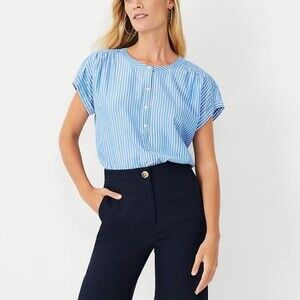 Ann Taylor SP Nile Blue Striped Popover Top Drop Shoulder Blouse Preppy coastal